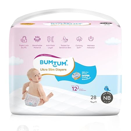 Bumtum Ultra Slim New Born Baby Diaper Pants, 28 Count, For Sensitive Skin, 12 Hrs Protection,Cottony Soft Anti-Rash Layer, Wetness Indicator (Pack of 1)