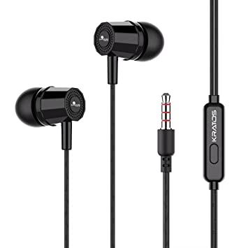 Kratos Thump Wired Earphones, Powerful Bass, HD Sound Quality Earphones, Tangle Free Cable, Comfortable in Ear Fit, with Mic 3.5 mm Jack - Black