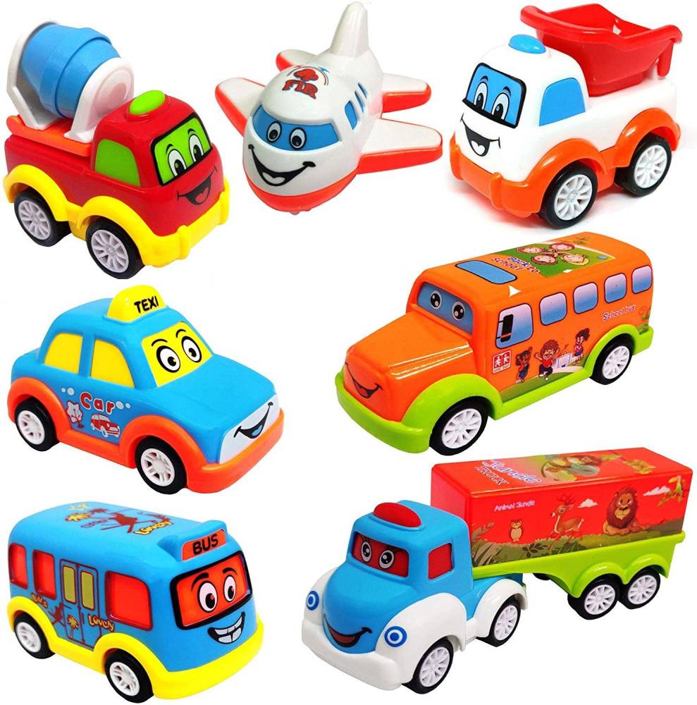Learn With Fun Unbreakable Pull Back Texi Car Truck Bus Plane Toy for Boys girls Kids  (Multicolor, Pack of: 7)