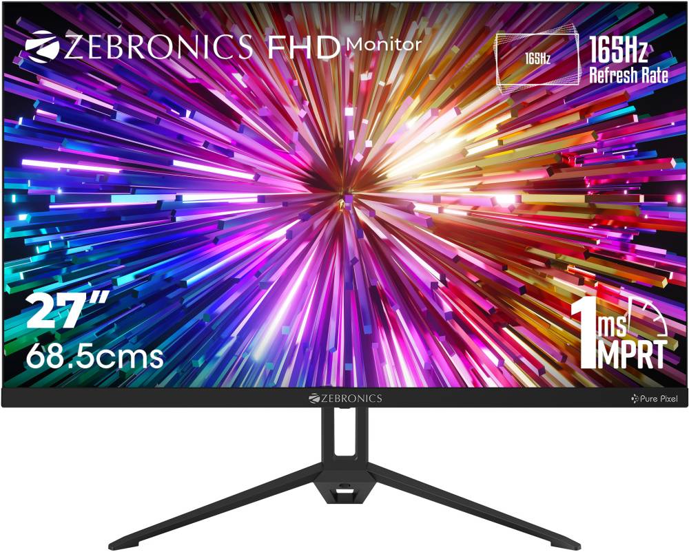 ZEBRONICS 27 inch Full HD IPS Panel with HDR10, DP, 2XHDMI, 16.7 Million Colors, Inbuilt Speakers, Bezel-Less Design Gaming Monitor (ZEB-S27A)  (Frameless, AMD Free Sync, Response Time: 1 ms, 165 Hz Refresh Rate)