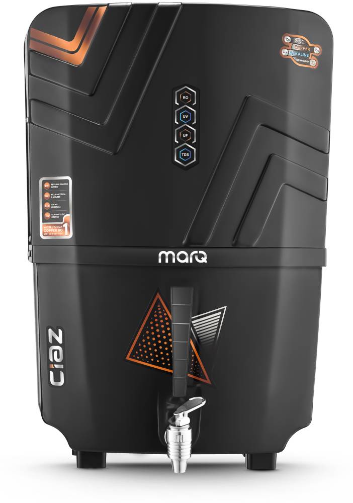 MarQ by Flipkart Black Storm Ciaz 15 L RO + UV + CU Guard + Alkaline Enhancer + Mineral Water Purifier with Prefilter  (FULL BLACK)