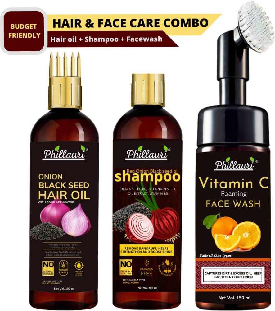Phillauri Red Onion Black Seed Oil Hair Care Kit (Hair Oil + Shampoo + Foaming Facewash)  (3 Items in the set)