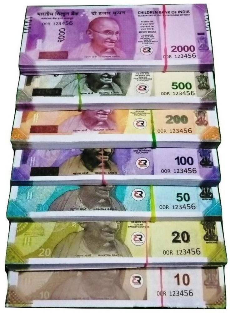 Maadi Kids Playing/ (8 Each x 7=56 Nakli Note) Fake Currency INDIAN Toy Kids fack India Currency Notes Gag Toy