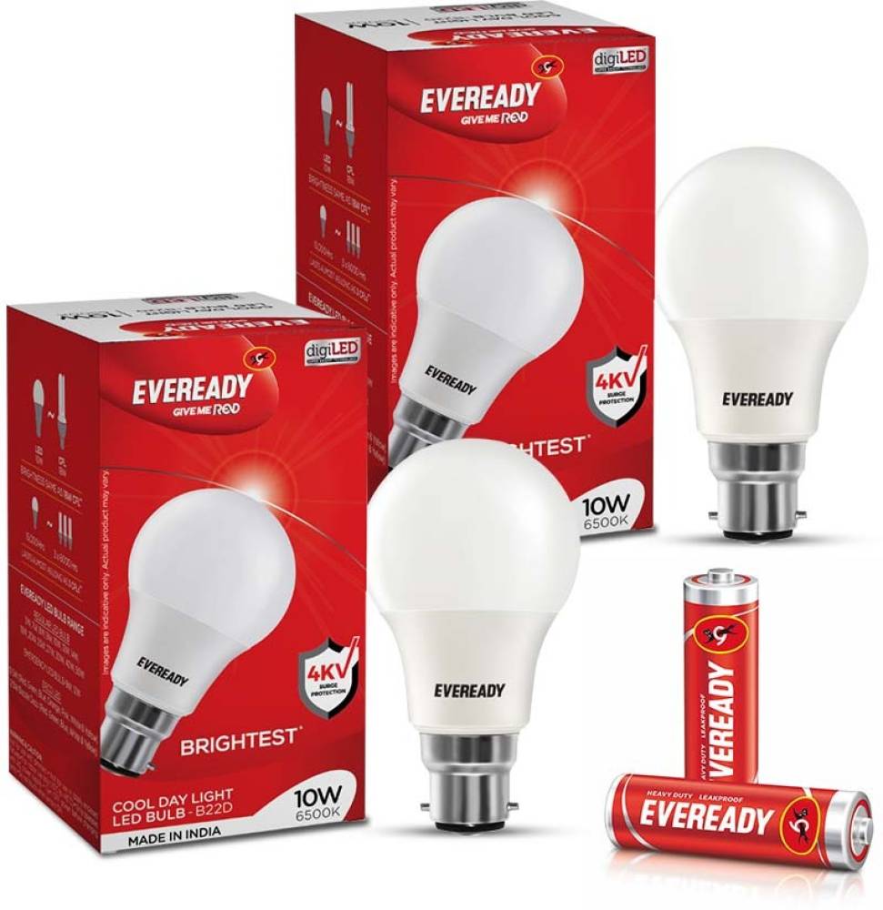Eveready 10W LED Bulb Pack of 2 with Free 2 Batteries  (White, Pack of 2)